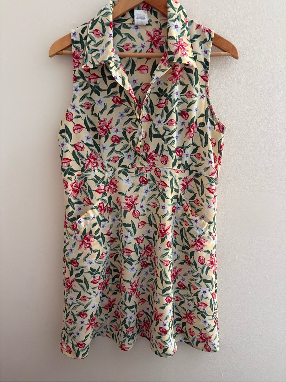 Vintage Old Navy Yellow Sleeveless Collared Mini Dress with Red Floral Print